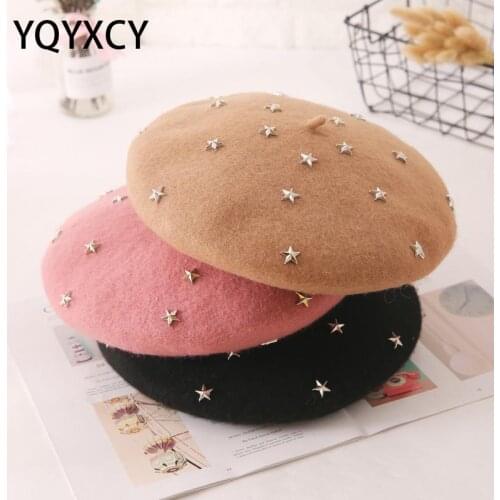 Wool Beret Autumn Winter Hats For Women Little Star Rivet Fashion Beret Women Hats Black Red Pink Beret Vintage Bonnet