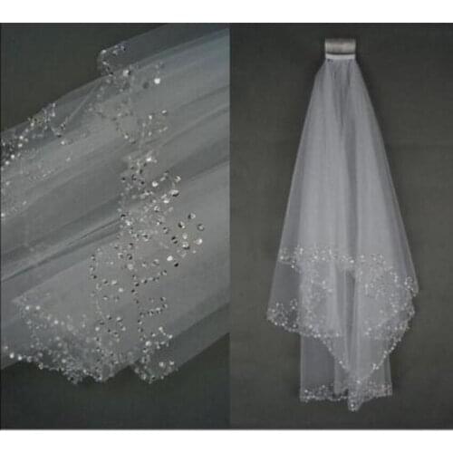 Sparkle two layer short wedding veil white Beaded Edge Elbow Length Soft Tulle Accessoire Mariage Bridal Veils With Comb