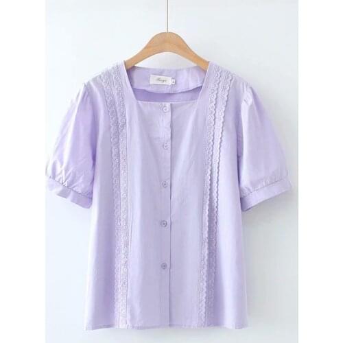 Plus size Cotton square collar Short sleeve lace women loose shirts 2021 summer casual white purple ladies blouse female tops