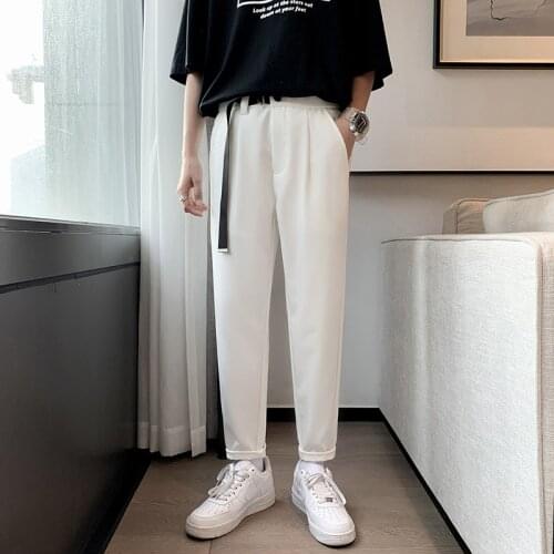 Summer Solid Drape Suit Pants Men Clothing 2021 Simple Ankle Length Elastic Waist Loose Straight Trousers Casual Streetwear 3XL