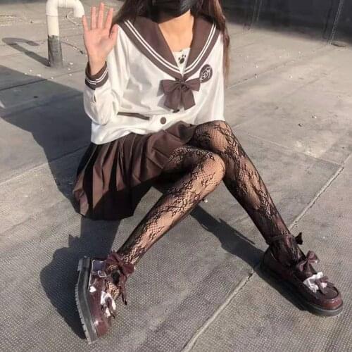 Hanato Lolita Stocking JK Japanese Style Lace Black White Flower Mesh Sexy Stockings Breathable Knee High Socks Rhinestone носки