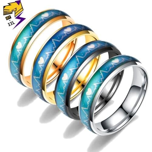 Colorful Changing Heartbeat Heart Rings Stainless Steel Mood Temperature Emotion Feeling Wedding Ring Love For Women Men