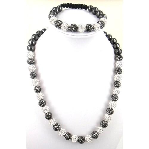 Classic Fashion White and Hematite Color Crystal Disco Ball Necklace Bracelet Set