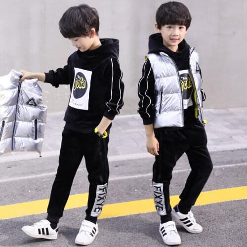 Boys Girls Autumn Winter Hooded Warm Vest Coat+ Sweatshirt+ Pants 3pcs Set Kids Tracksuit Patchwork Children Sports Suit 2-12 Y