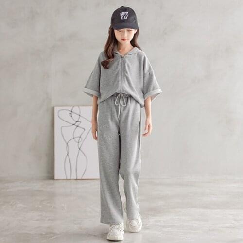 Kids Girl Active Clothes Set Short Sleeve Hooded Sweatshirt+Wide Leg Pants Outfits Spring Teens Casual Loose 2Pcs Suits
