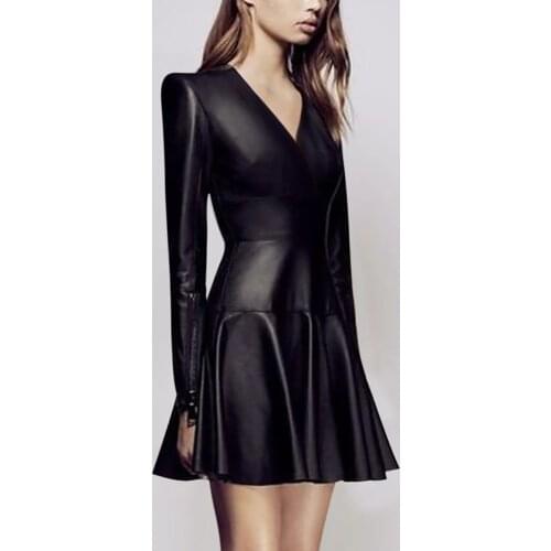 Lautaro Spring Autumn Soft Light Faux Leather Mini dress Women Deep V Neck Long Sleeve Wholesale Lots Bulk Clothes