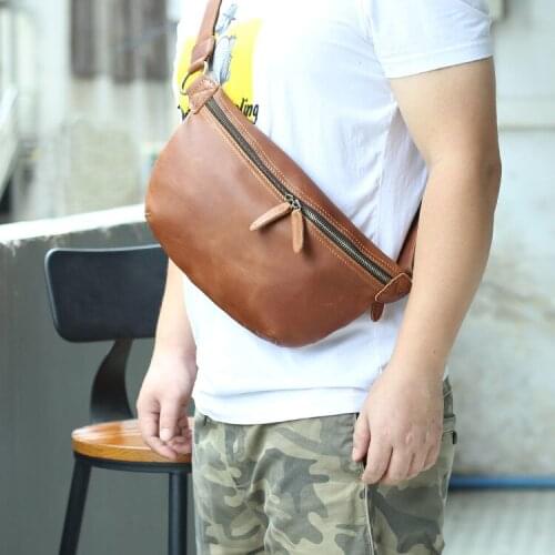 Male Fanny Pack Sling Bag Chest Bag Leather Wait Bag Summer Outdoor Walking Bag Portable Waist Packs Crazy Horse Leather