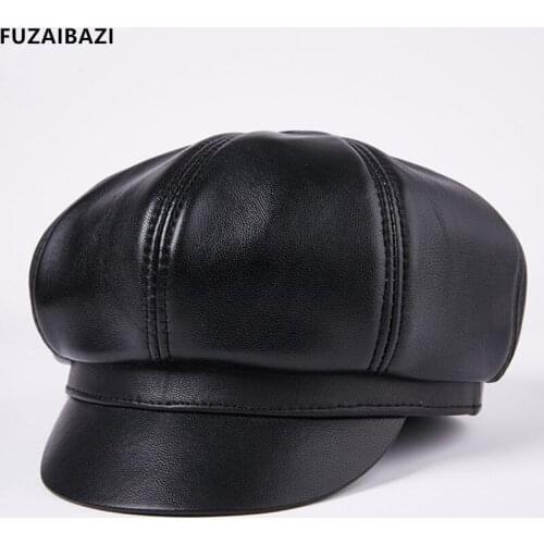 FUZAIBAZI Fashion New Autumn Genuine Leather Hat Womans Winter Trend Sheepskin Newsboy Hats Leisure Bone Octagonal CapBerets