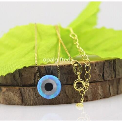 1pc 10mm Hot Sale Blue Round Eye Opal Pendant Necklace 925 Sterling Silver Gold chain Synthetic Opal Turkey Evil Eye Necklace