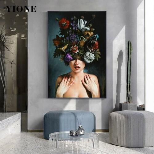 Retro Flower Woman Canvas Painting Custom Abstract Nude Figure Dog Mountain Universe Girls Posters and Prints Wall Art Pictures