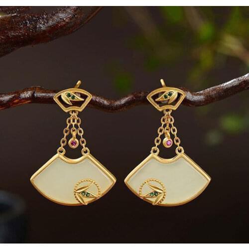 Designer original new silver inlaid natural Hetian jade fan-shaped earrings palace style ladies exquisite charm jewelry
