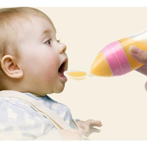 90ml Silicone Baby Feeding Bottle With Spoon Newborn Infant Squeeze Spoon Toddler Food Supplement Rice Cereal Bottle Milk Feed