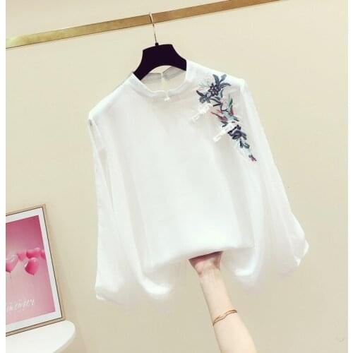 Women Elegant Hanfu Chiffon Qipao Tops Korean Fashion Shirts Chinese Style Embroidered Retro Blouse Vietnam Ao Dai T-Shirt 12548