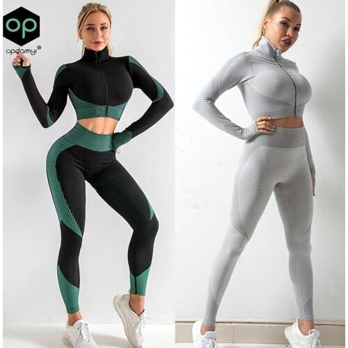 8-Colors Women Energy Seamless Yoga Sets Zipper 2-Piece Gym Suit Sportswear Long Sleeve Top + High Waist Yoga Fitness Leggings