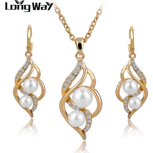 LongWay Gold Color Elegant Inlaid Crystal Jewelry Sets Imitation Pearl Earrings Necklaces Set For Women Wedding SET140024