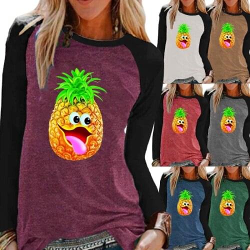 Autumn Fashion Ladies Casual Long Sleeve Top Funny Pineapple Print Round Neck Women Loose T-shirt Pullover Sweatshirt Plus Size