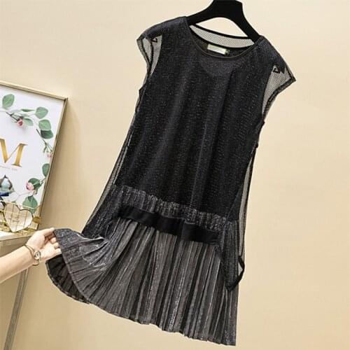 Summer 2021 Women Glitter Dress Short Sleeve Sexy Hollow Out Mesh Patchwork Loose Casual Pleated Ruffle Dresses