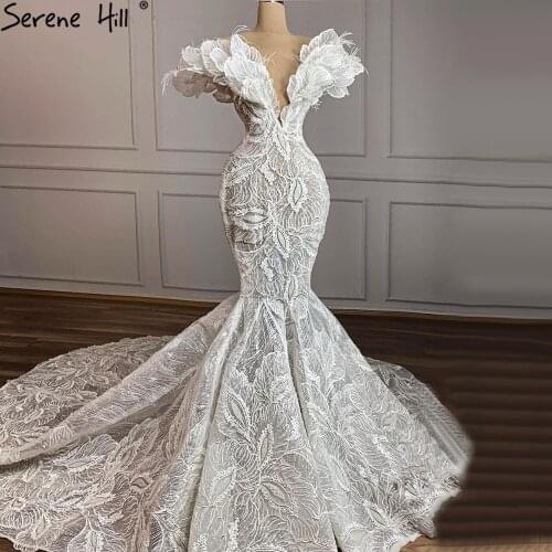 Serene Hill White Elegant Mermaid Wedding Dress 2021 Feathers Embroidery Sexy V-Neck Bridal Gown CHM67230