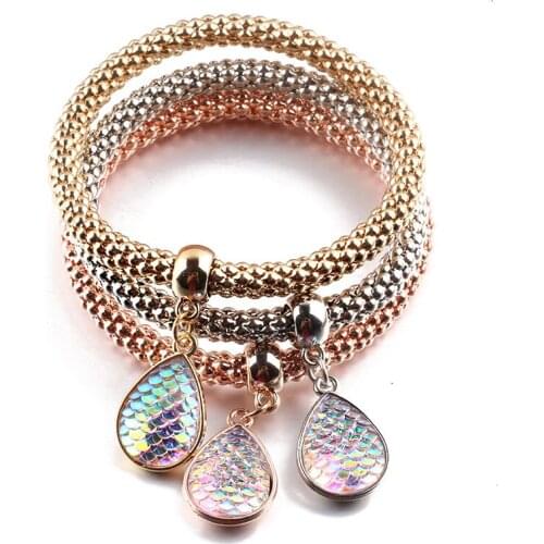 3pcs/Set Colorful Scales Gold Charm Zircon Corn Bracelet Elastic Fashion Crystal Bracelet Bangles Women Jewelry Fine Gift