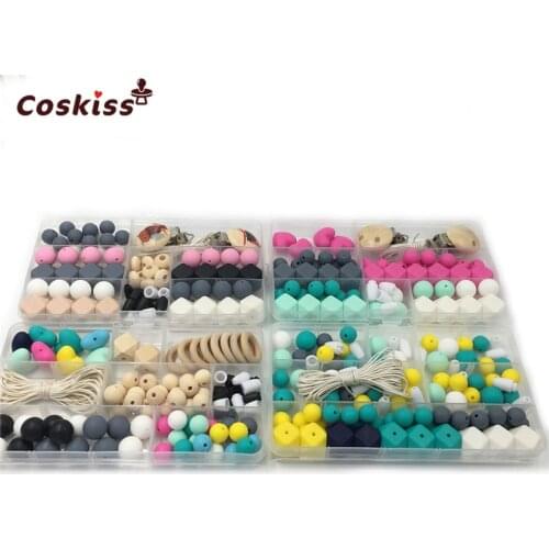 4 Boxes Baby Teether Toys Wooden Beads Pacifier Clip Geometric Hexagon Silicone Beads DIY Baby Nursing Teether Necklack