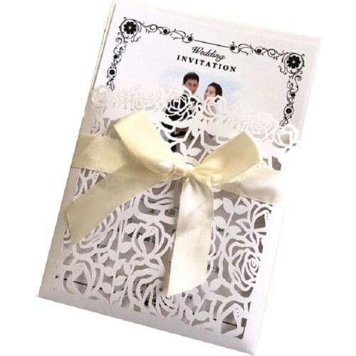 50 pieces White Wedding Invitations Cards Laser Cut Hollow Rose Invites Wedding Engagement Party Cards Invitation