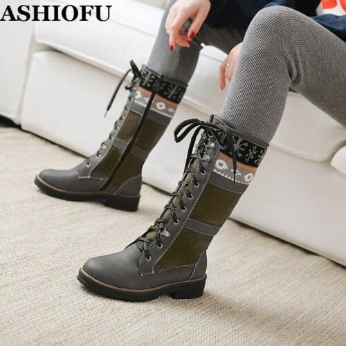ASHIOFU 2020 New Handmade Womens Martin Boots Patchwork Elegant Shoelace Party Sexy Booties Winter Thick-soles Fashion Boots
