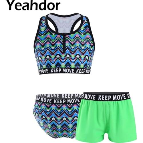 Kids Girls Summer Swimsuit Swimming Outfit Bathing Suit Round Neck Racer Back Front Zipper Crop Tops with Briefs and Shorts Set