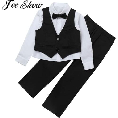 Kids Boys Gentleman Clothes Sets Bowknot Long Sleeve Shirt V Neck Single Breasted Vests Pant 4Pcs Wedding Party Children Suits
