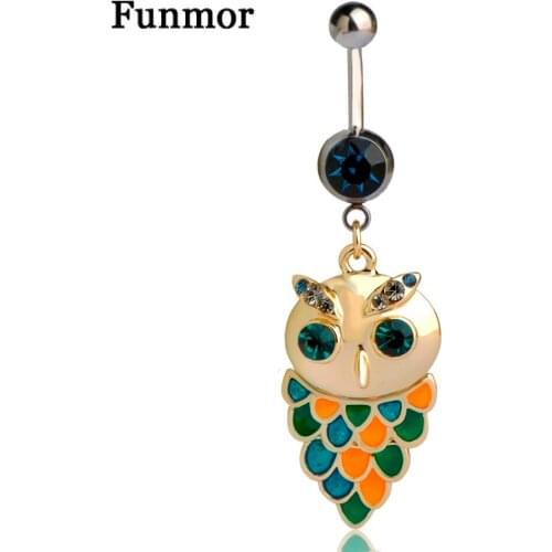Funmor Enamel Owl Body Piercing Navel Bar Women Girl Bikini Jewelry Green Crystal Rhinestone Animal Pendant Belly Button Ring