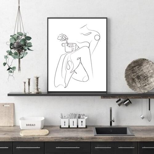 Woman Coffee Line Drawing Art Prints Black White Abstract Wall Art Minimalist Nordic Poster Coffee Canvas Painting Kitchen Decor