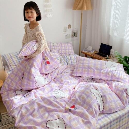 Bear Duvet Cover Set Single Full 100% Cotton Bedding Sets Kawaii Cartoon Comforter Cover with Zipper, Flat Sheet With Pillowcase