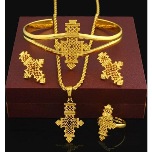 HOT Ethiopian Jewelry sets 24K Gold Color Coptic Crosses Sets Kenya/ Nigeria/Sudan/Eritrea/ Habasha Wedding Jewelry