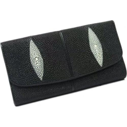 Unisex Black White Style Genuine Stingray Leather Female Male Long Trifold Wallet Exotic Skate Skin Women Men Large Card Purse