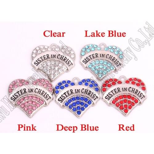 20 pieces a lot Best Price High Quality rhodium plated zinc studded with sparkling crystals SISTER IN CHRIST heart pendant