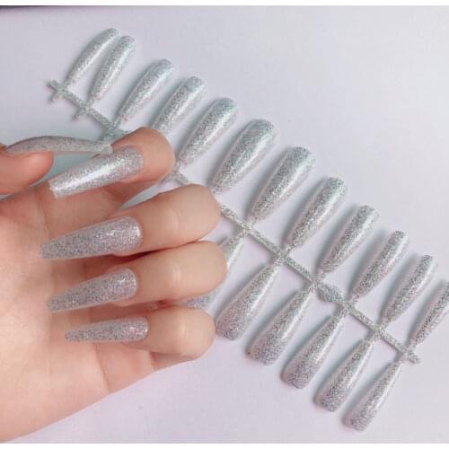 24tips Silver Soild Color Acrylic Fake Nails Press on Fingernail Art UV Glitter Coffin Ballerina Metallic for Women Faux Ongles
