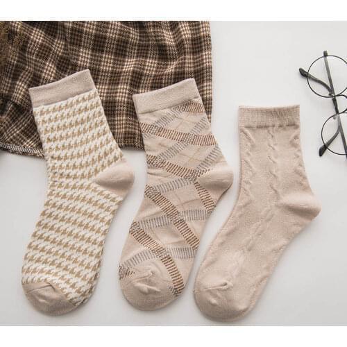1Pair Mid Tube Socks Smoky Gray Japanese Style Houndstooth Women Socks Cotton Femme Kawaii Skarpetki Damskie