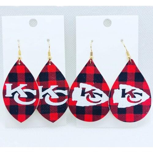 New! Custom Football Fans Faux Leather Teardrop Earrings Black Red Buffalo Plaid Pattern Leaf Earrings 2019