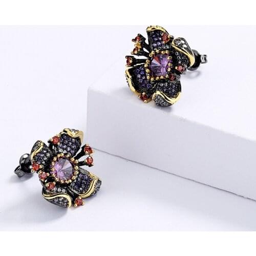 New Personality Flower-Shaped Earrings Fashion Sunflower Purple Zircon Black Gold Earrings Wedding Party Jewelry Gift