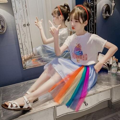 Girls Outfits Cartoon Printed Summer Shirt&Sequins Broken Hole Denim Shorts Toddler Girls Clothing Set Children Clothes