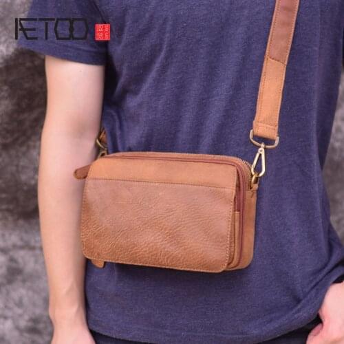 AETOO Mens casual shoulder bag, horizontal fashion leather crossbody bag, youth large capacity head layer Cowhide man bag