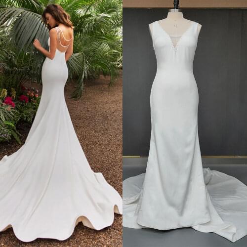 Simple Elegant Sequins Mermaid Wedding Dress Deep V-Neck 2021 Bridal Gown Illusion Back Beading Tassel Bodycon Vestido De Noiva