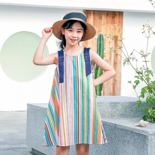 Rainbow Dress Age for 6 - 14 Yrs Teenage Girls Colorful Dress 2021 New Summer Striped Cotton Sleeveless Baby Girls Vest Frocks