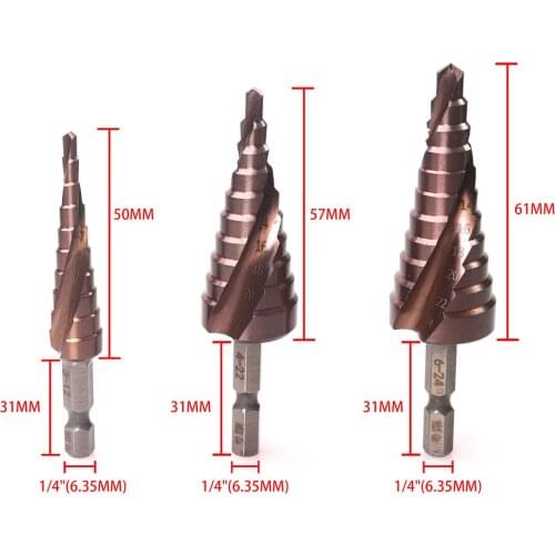 3pcs/set HSS CO Cobalt M35 Spiral Flute Step Drill Bit 1/4" Hex Shank 3-12mm 4-22mm 6-24mm Step Diameter