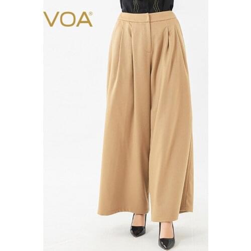 VOA Fine 14.75 Micron Small Cashmere Yoke Pleats Design Xie Cha Dai Hidden Button Camel Cashmere Wool Loose Pants SK961