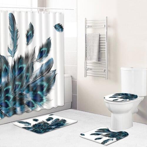 Feather shower curtain floor mat combination 4-piece suit toilet toilet carpet shower room mat mat bathroom rug set