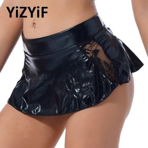 Womens Miniskirts Leather Lace Patchwork Mini Skirt Party Sexy Pole Dancing Show Clubwear