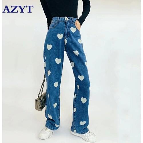 AZYT 2021 Autumn Winter Women Denim Trousers Chic Love Print High Waist Jeans Pnts Female Loose Casual Woman Pants