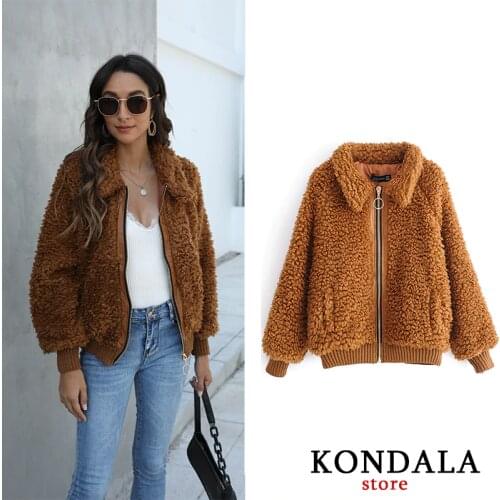 KONDALA Womens Jackets Fleece Streetwear Thick Winter Jacket Bat Sleeved Pockets Turn-Down Collar Coats Mujer Casual Jackets