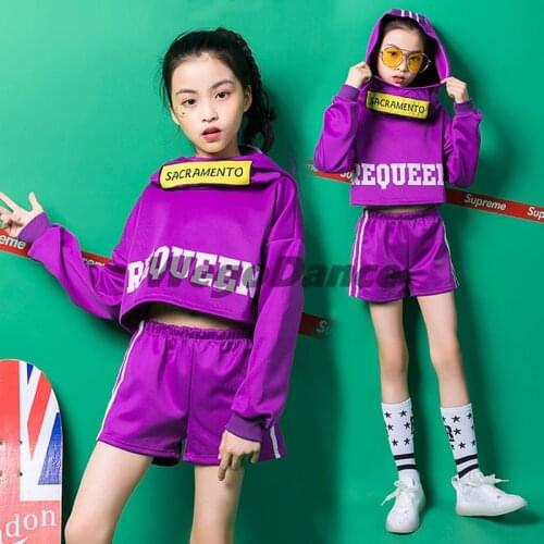 Girl Loose Jazz Hip Hop Dance Sets Competition Costume Hoodie Crop Purple Tops Shorts Teens Clothes 100 - 160CM