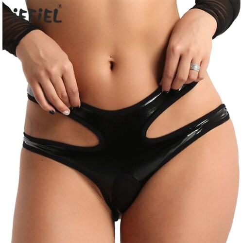 Sissy Women Lingerie Wet Look Crotchless Sexy Panties Chastity Hollow Out Briefs Underwear Low Rise Tanga Erotic Brief Underwear